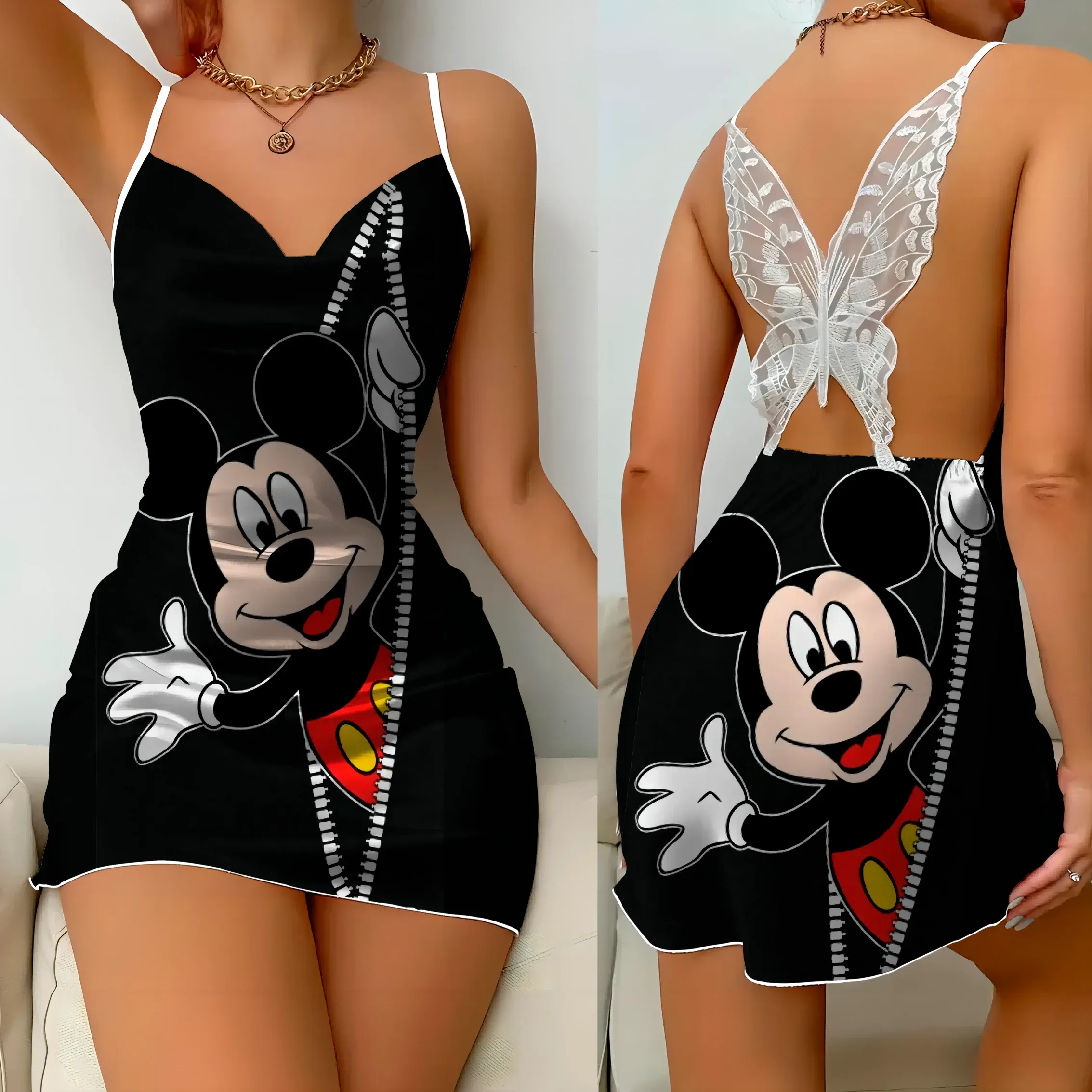 Mini Dress Pajama Skirt Bow Knot Party Dresses Satin Surface Minnie Mouse Disney Mickey Women Fashion Summer  Elegant Women