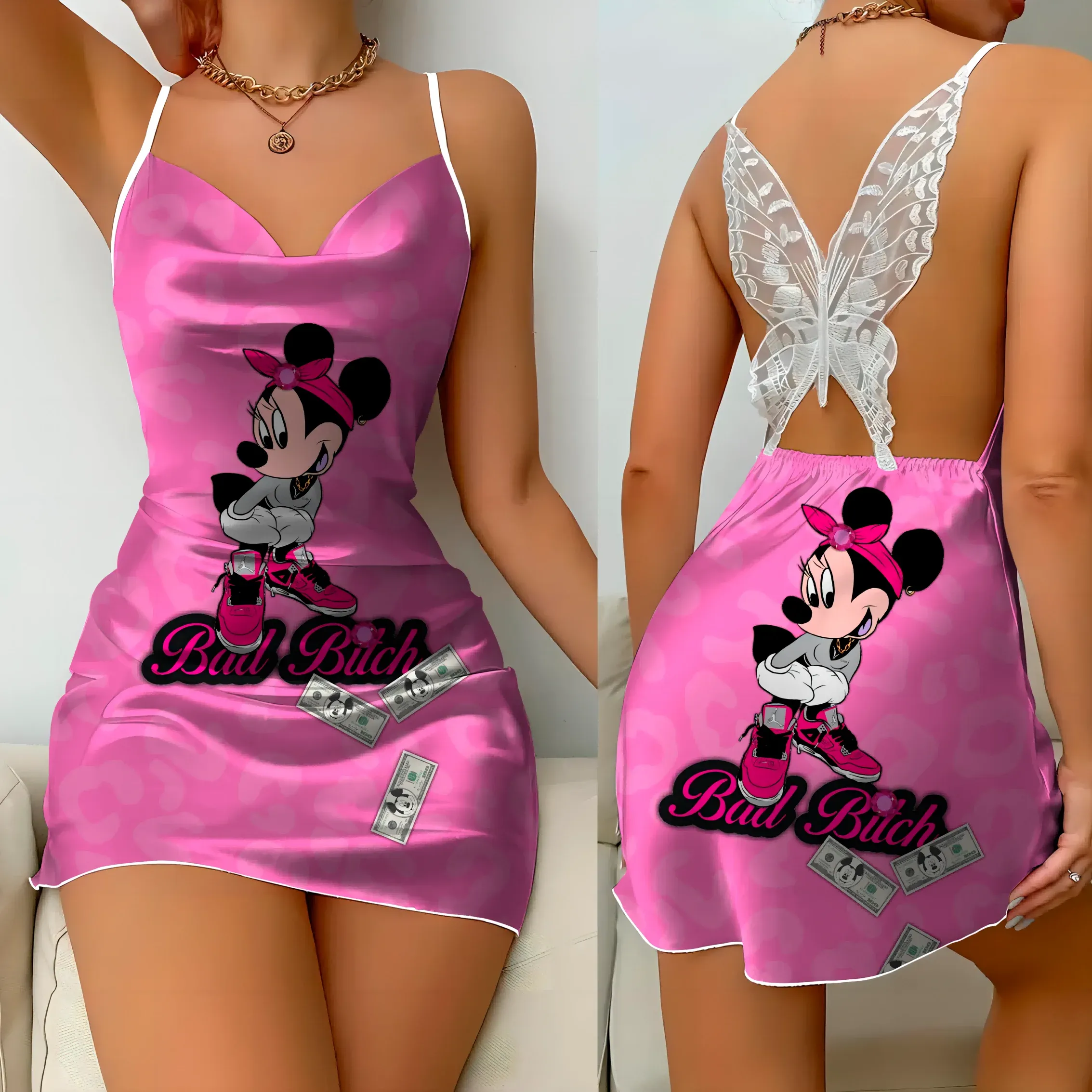Mini Dress Pajama Skirt Bow Knot Party Dresses Satin Surface Minnie Mouse Disney Mickey Women Fashion Summer  Elegant Women