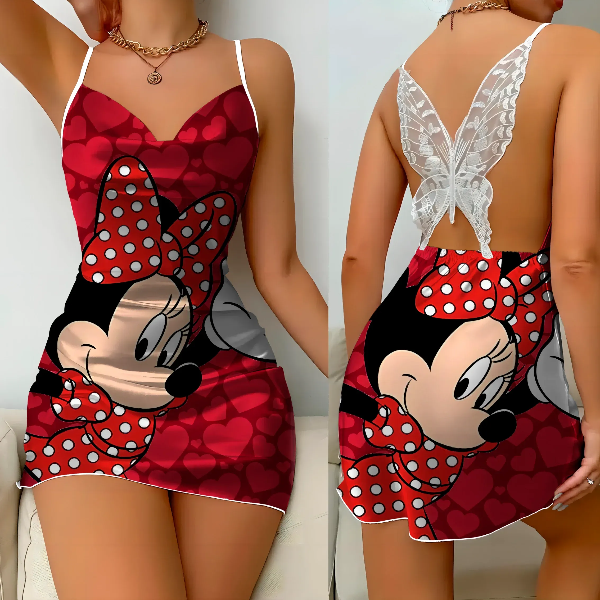 Mini Dress Pajama Skirt Bow Knot Party Dresses Satin Surface Minnie Mouse Disney Mickey Women Fashion Summer  Elegant Women