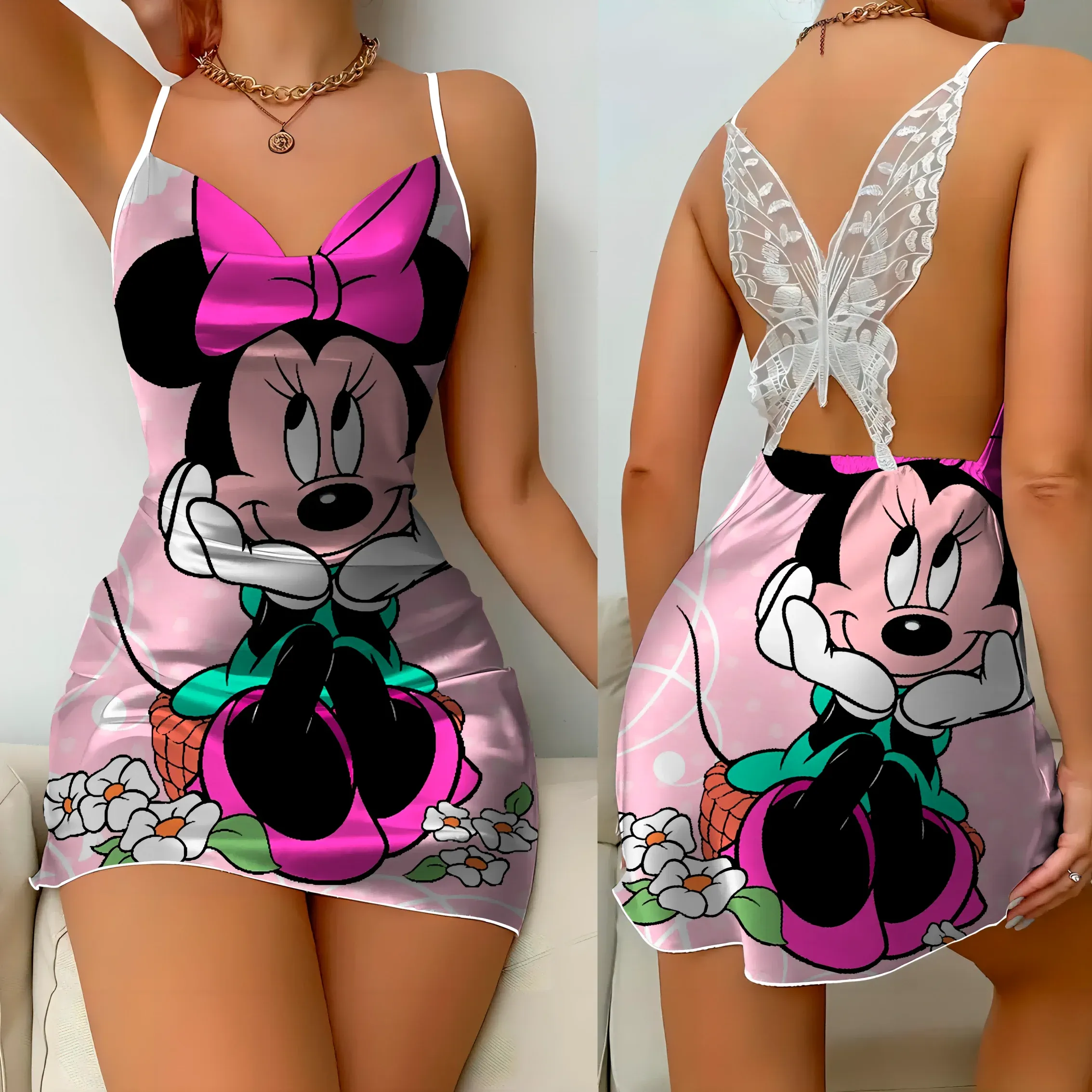 Mini Dress Pajama Skirt Bow Knot Party Dresses Satin Surface Minnie Mouse Disney Mickey Women Fashion Summer  Elegant Women