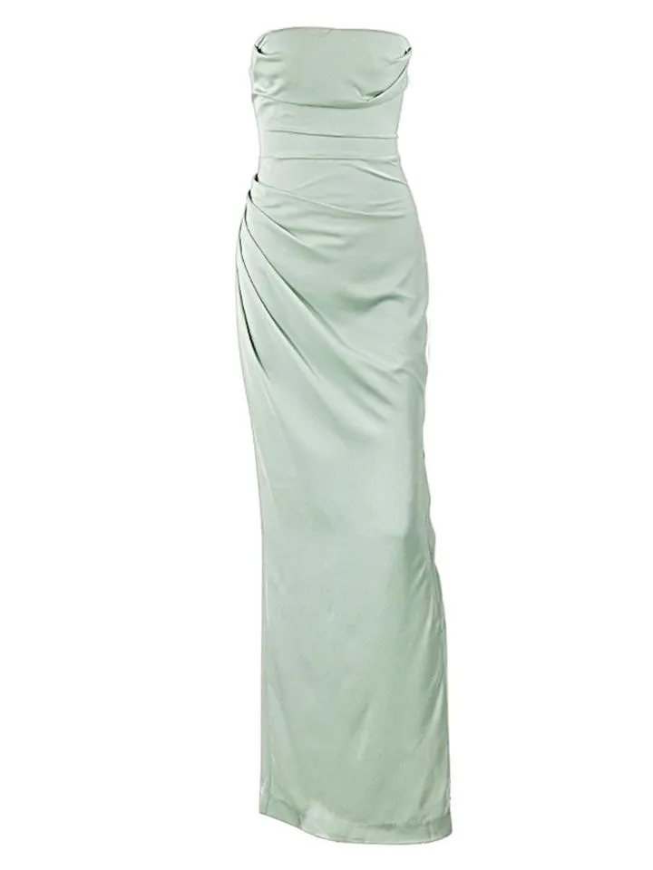 Mint Green Satin Strapless Ruched Evening Dresses