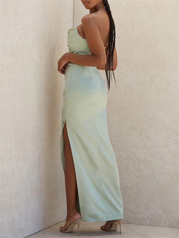 Mint Green Satin Strapless Ruched Evening Dresses