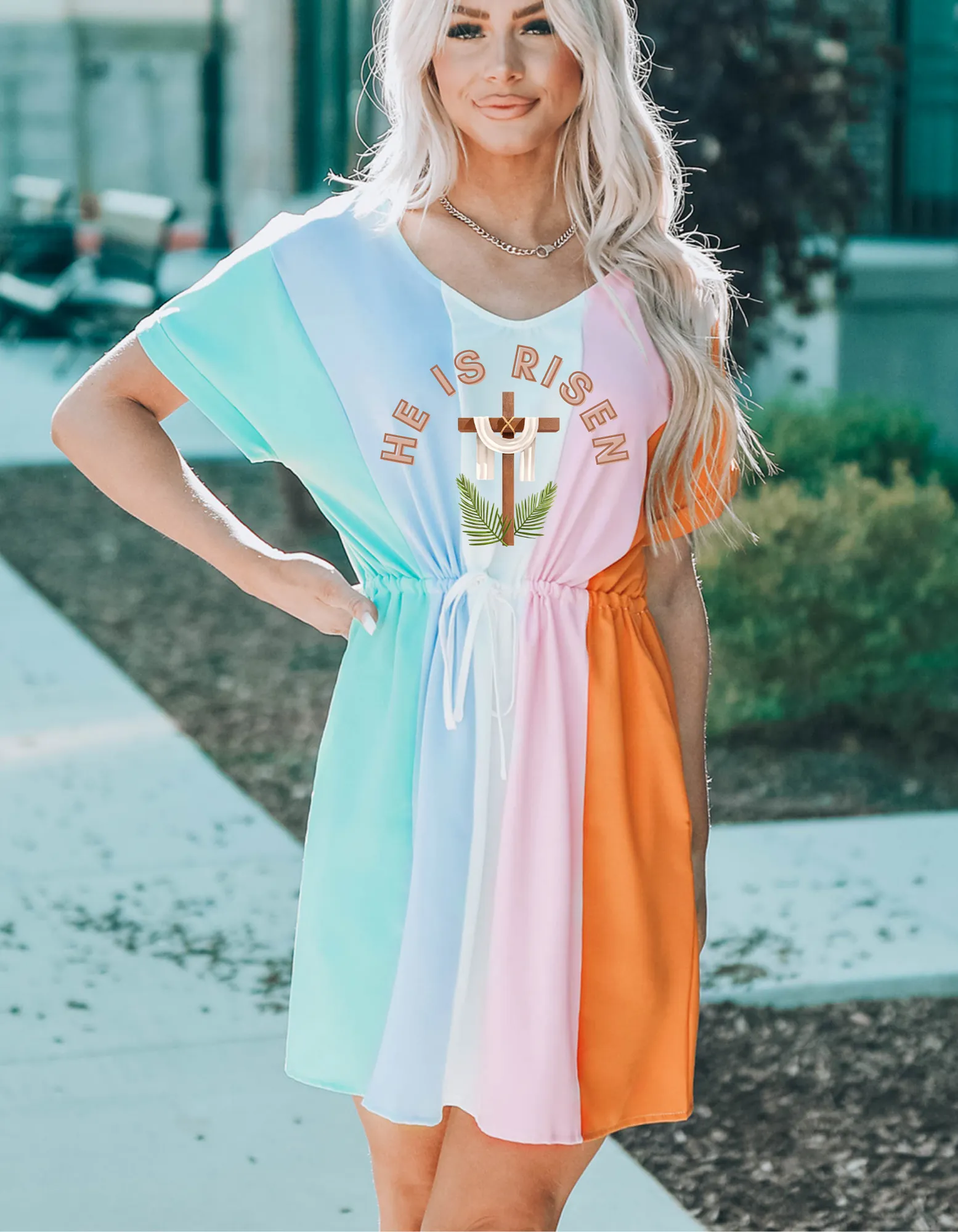 Multicolor Easter Sunday Dress with Tie Waist