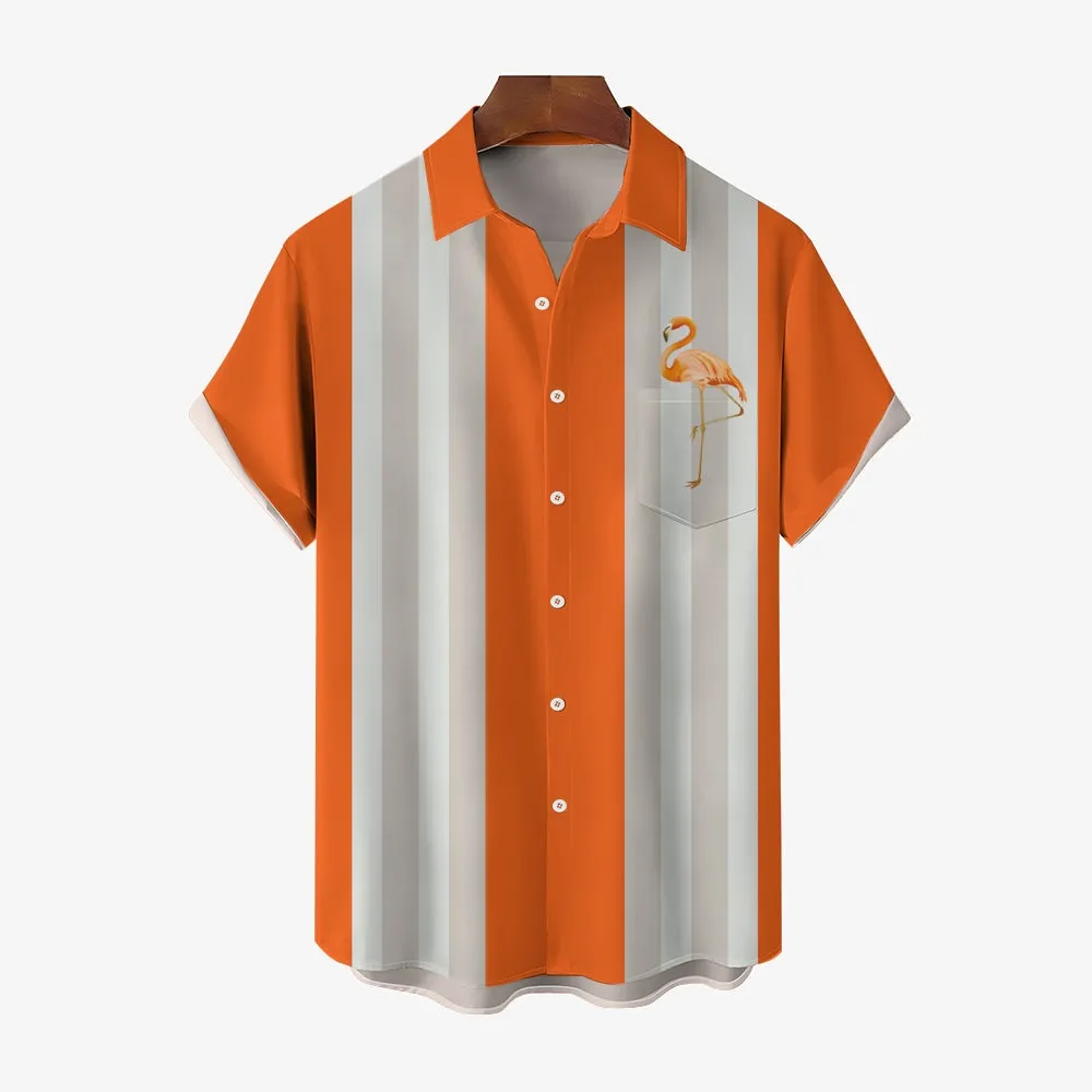 Multicolor Flamingo Oversized Bowling Short Sleeve Shirt 2409010639