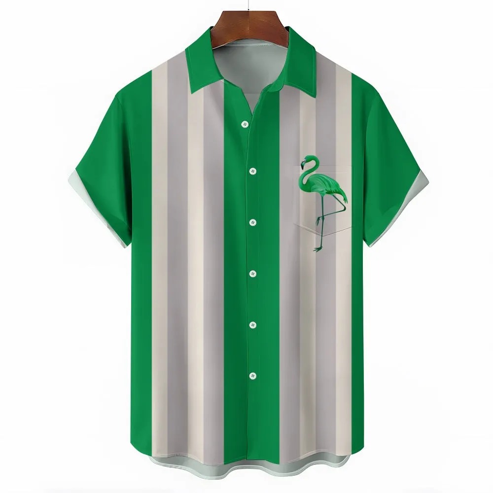 Multicolor Flamingo Oversized Bowling Short Sleeve Shirt 2409010639