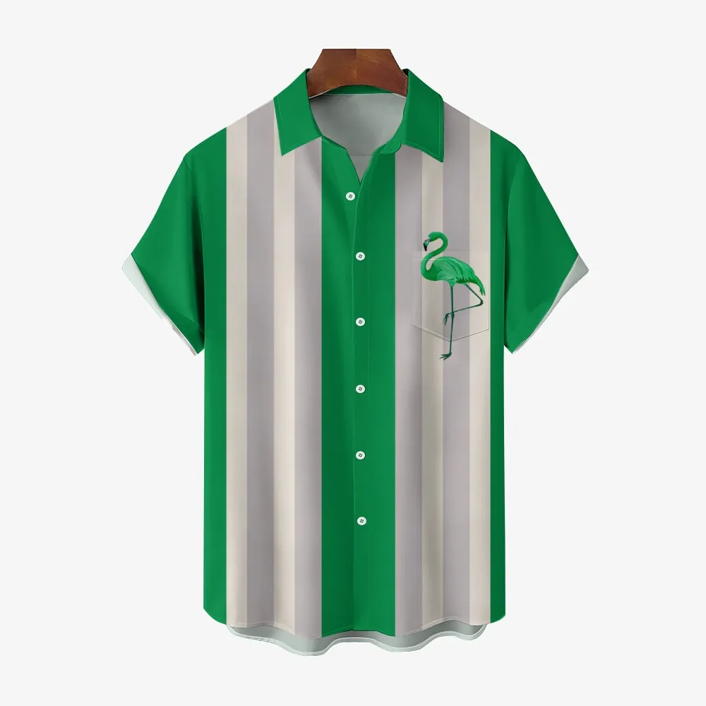 Multicolor Flamingo Oversized Bowling Short Sleeve Shirt 2409010639