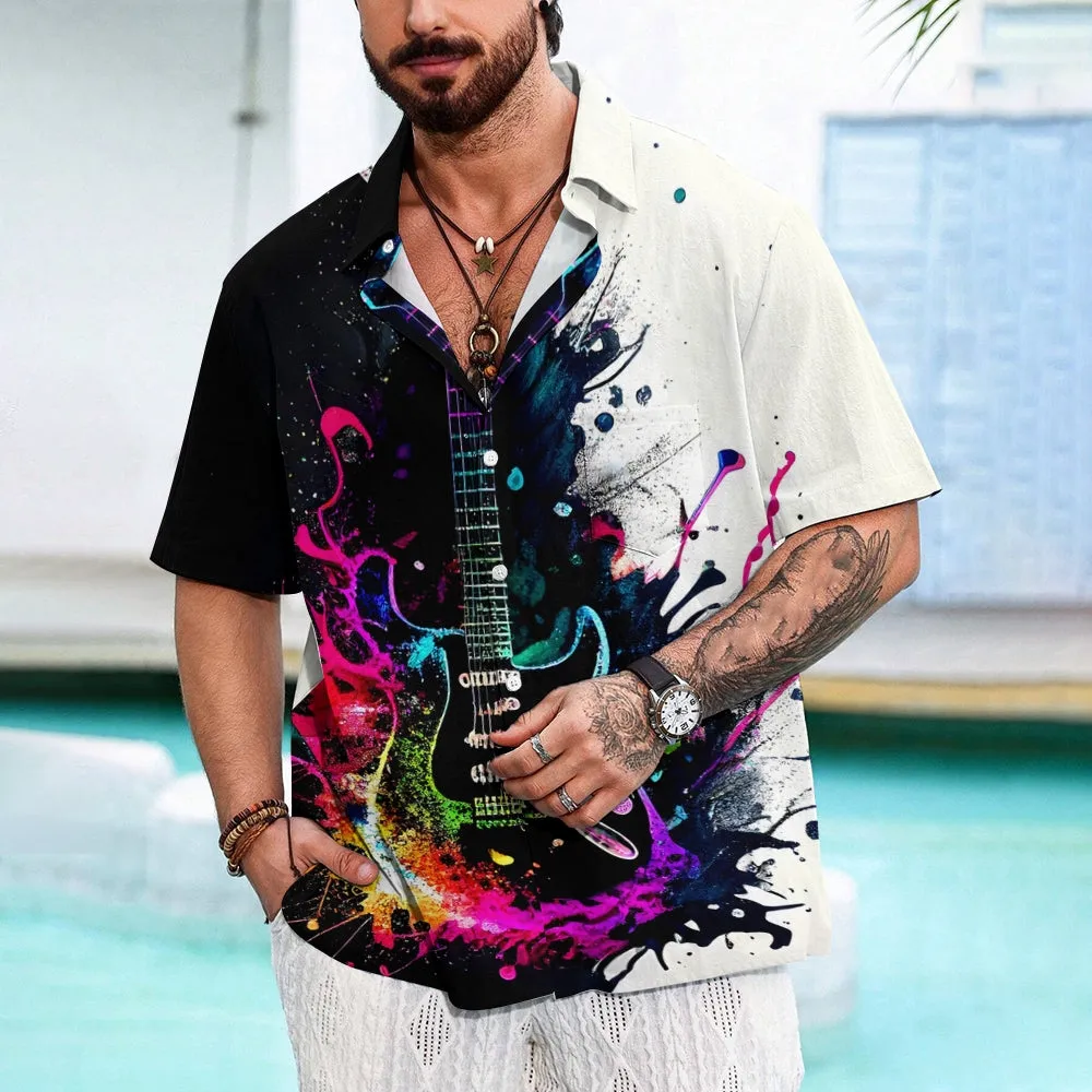 Music Guitar Print Oversized Shirt Bamboo Linen Short Sleeve Shirt 2406001094