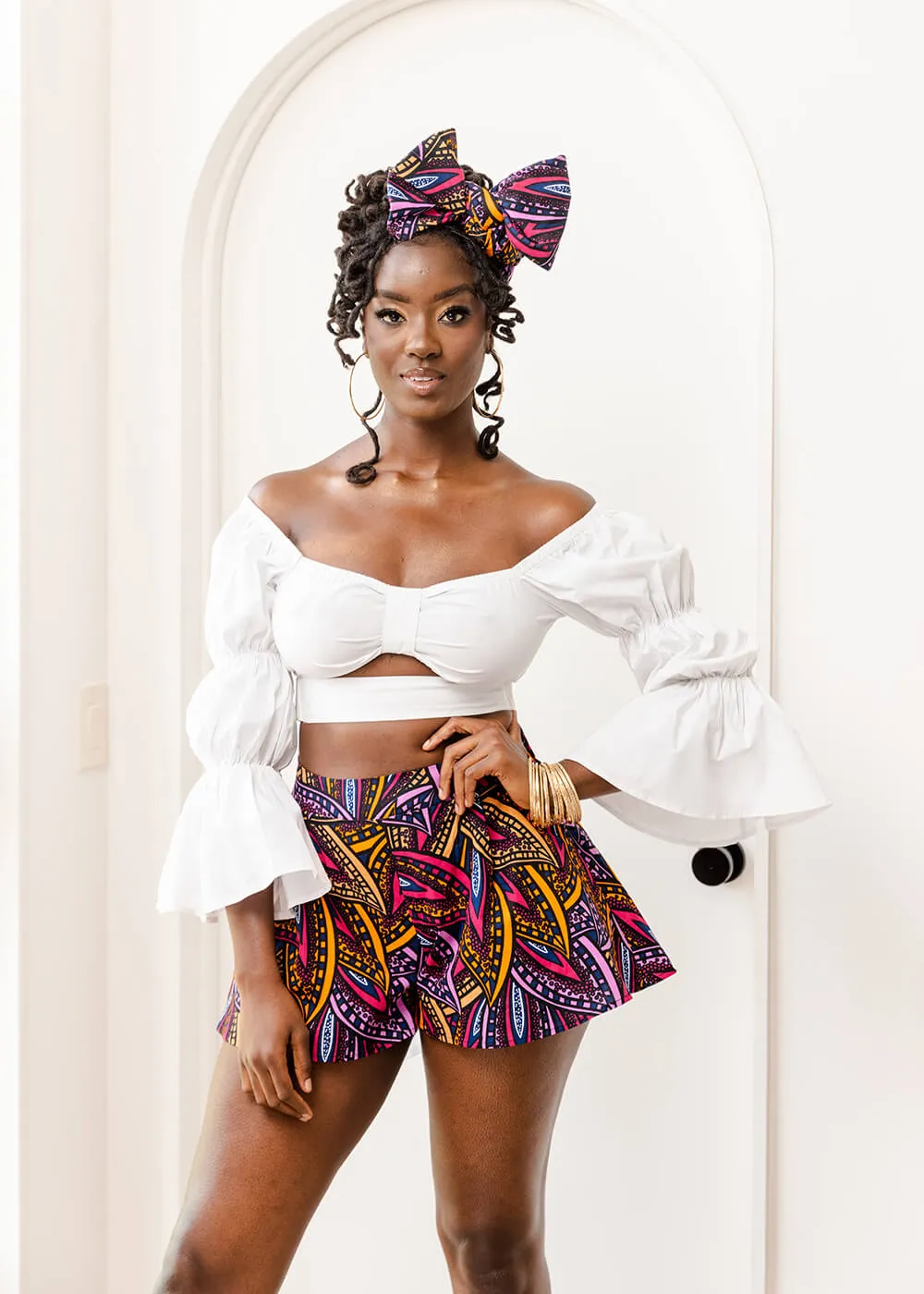 Nafasi Women's African Print Wide Leg Shorts (Sunset Leaves) - Clearance