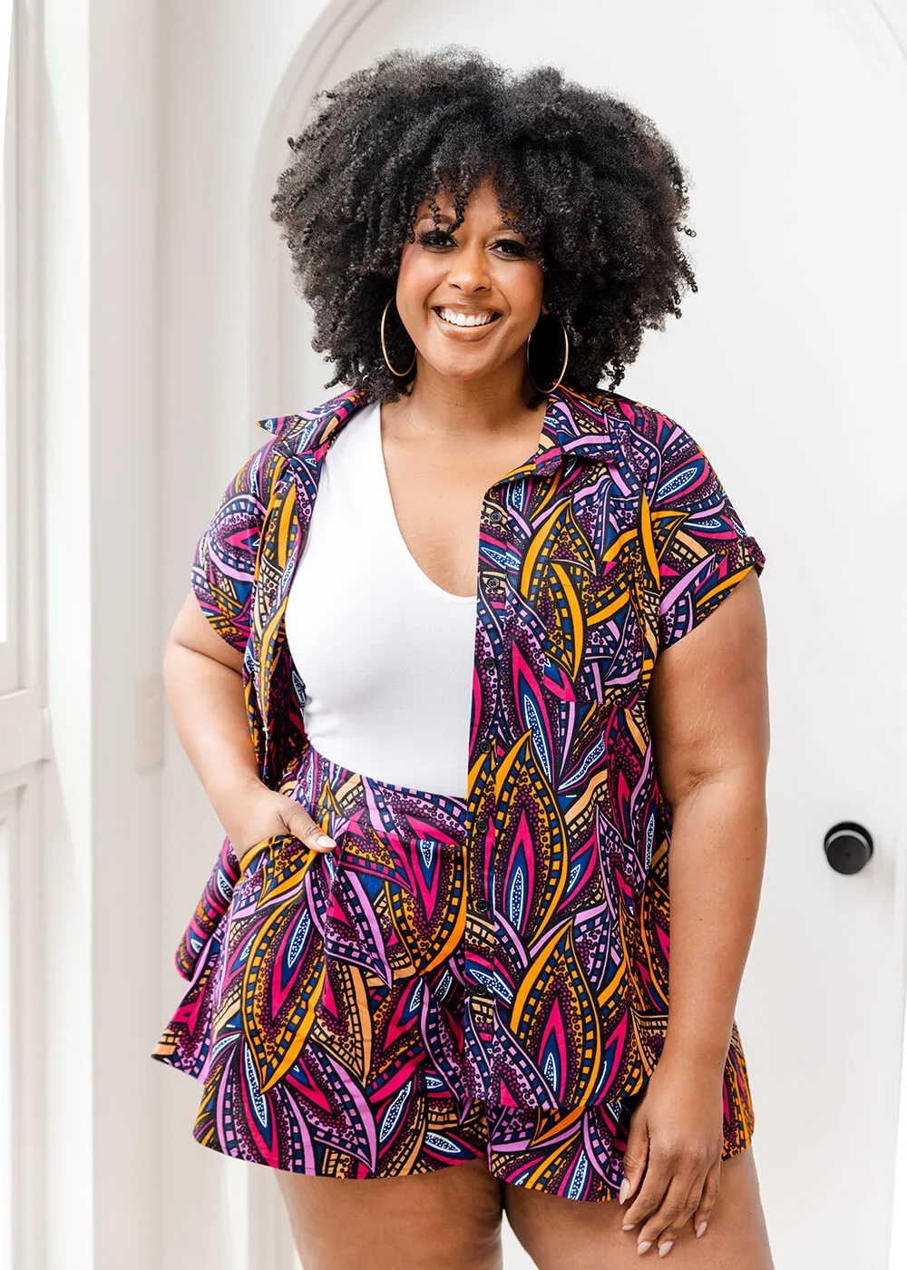 Nafasi Women's African Print Wide Leg Shorts (Sunset Leaves) - Clearance