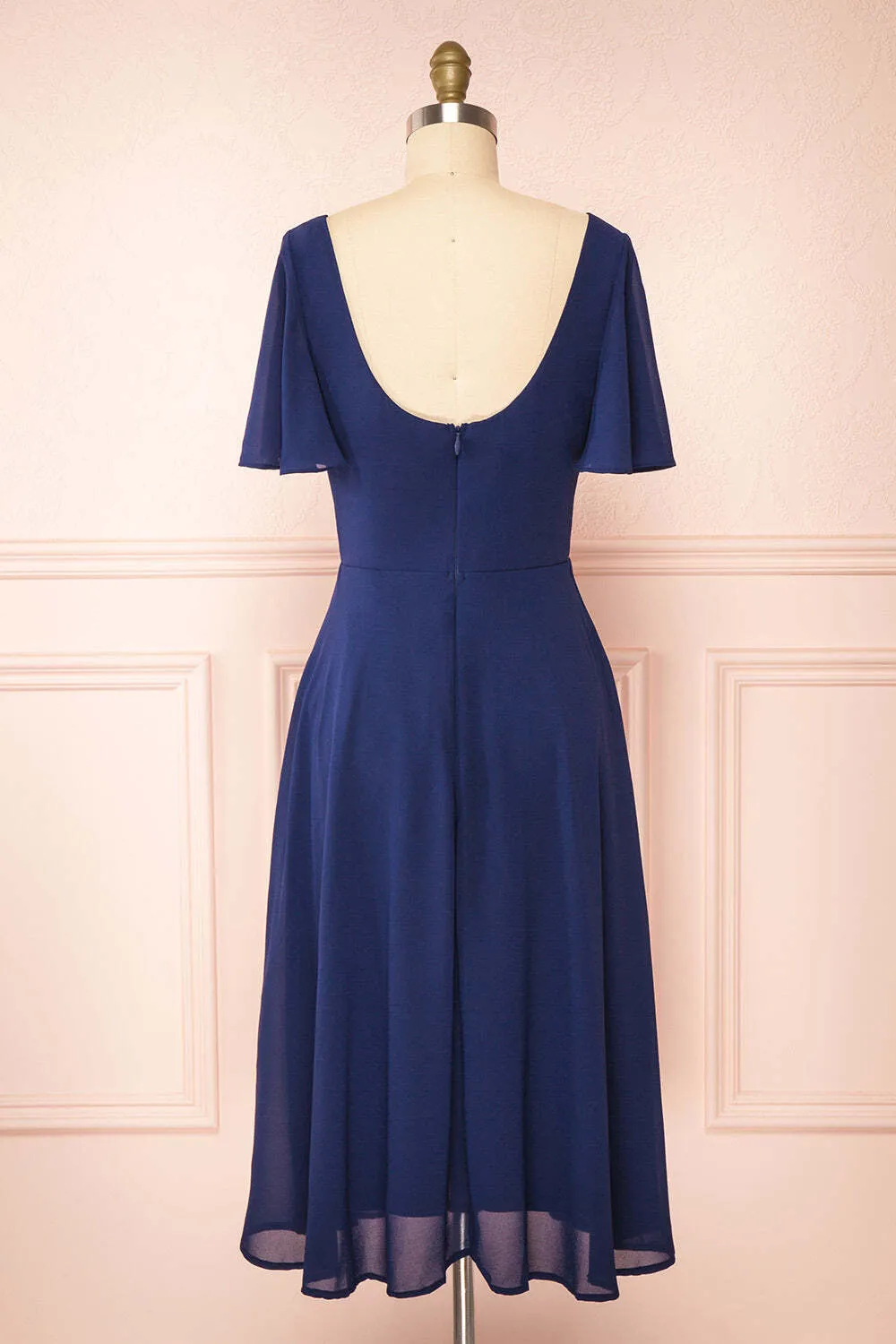 Navy Blue Chiffon A-line Short Bridesmaid Dress with Flutter Sleeves