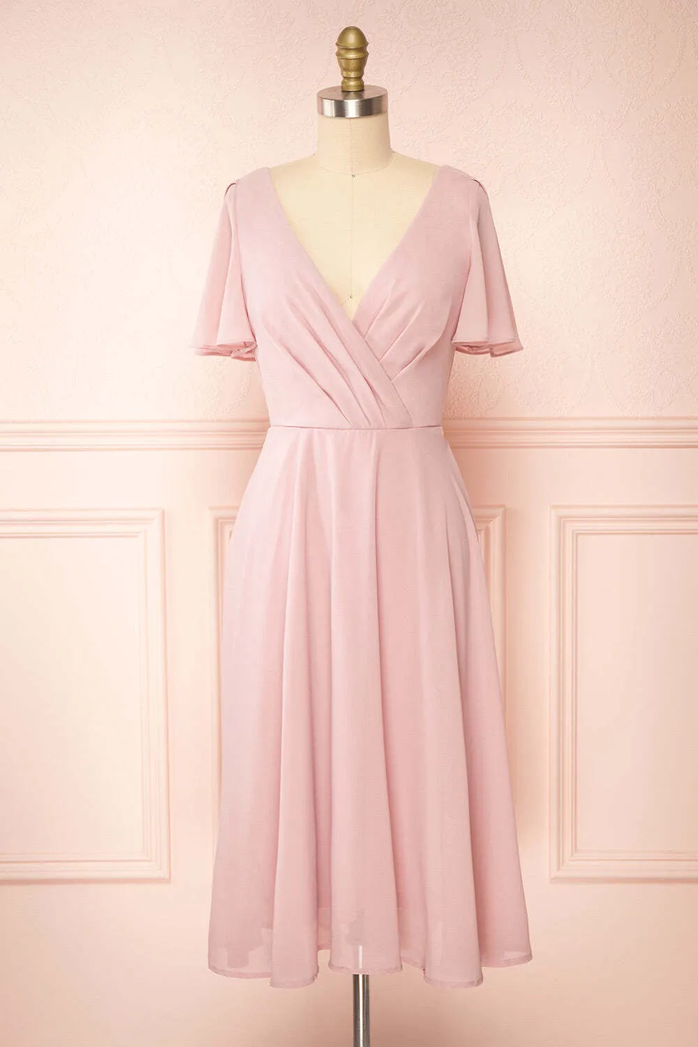 Navy Blue Chiffon A-line Short Bridesmaid Dress with Flutter Sleeves
