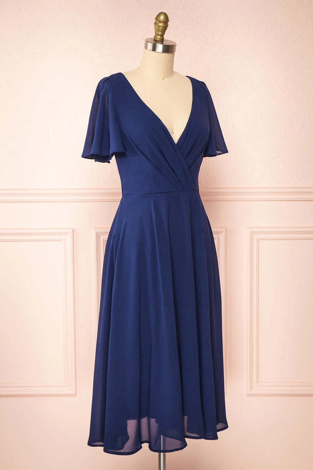 Navy Blue Chiffon A-line Short Bridesmaid Dress with Flutter Sleeves
