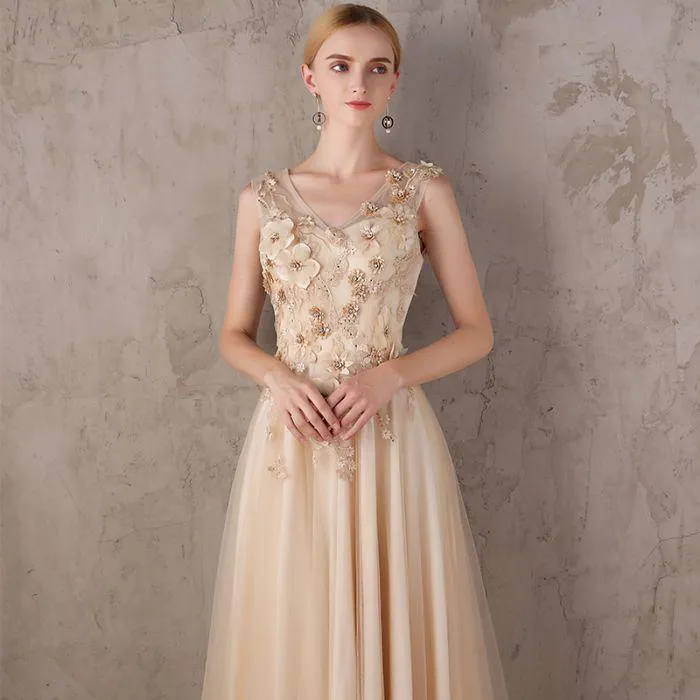 New Arrival A-line floor-length tulle Back strap V-neck evening Dress, Long prom dresses,PDY0281