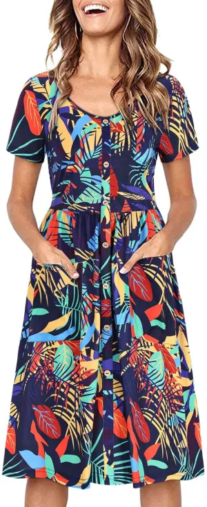 New OUGES Women's Short/Long Sleeve Midi Dress V Neck Button Down Skater Dress with Pockets, Sz S!