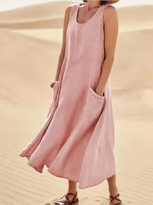 NEW Pink Sz XL Solid Color Pocket Tank Dress - Chic Vintage Sleeveless Loose Fit, Versatile, Breathable, Comfortable, Easy Care - Perfect for Spring and Summer, Women's Casual Clothing, Everyday Wear
