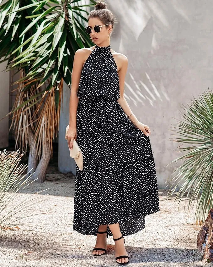 New PRETTYGARDEN Womens Halter Neck Floral Backless Loose Ruffle Maxi Dress in Black Polka Dot, Sz XL! Retails $46 