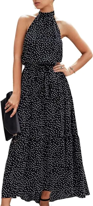 New PRETTYGARDEN Womens Halter Neck Floral Backless Loose Ruffle Maxi Dress in Black Polka Dot, Sz XL! Retails $46 