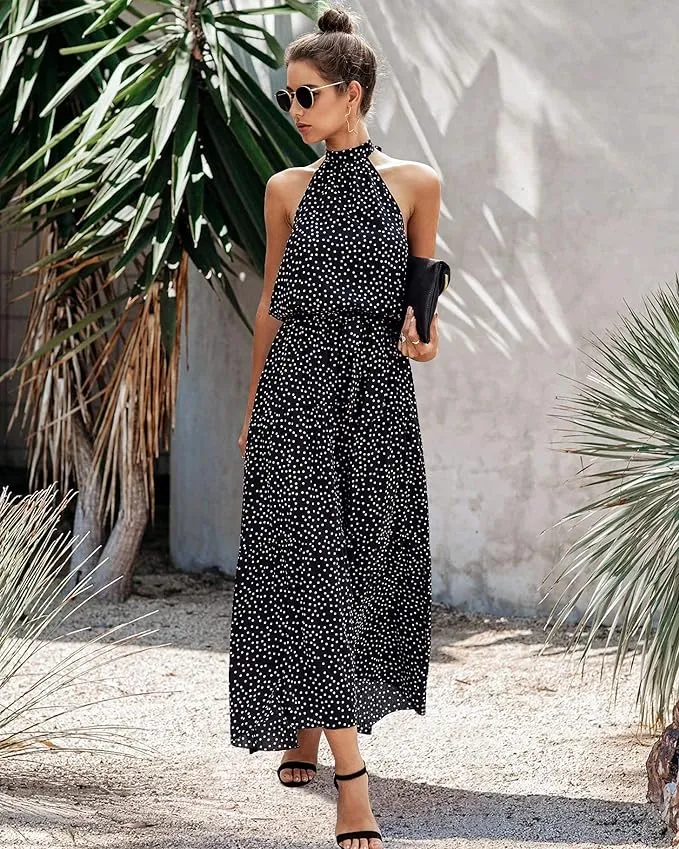 New PRETTYGARDEN Womens Halter Neck Floral Backless Loose Ruffle Maxi Dress in Black Polka Dot, Sz XL! Retails $46 