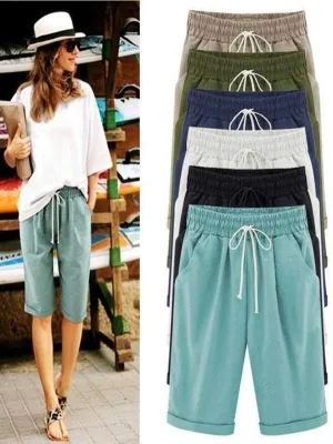 New Women's Casual Vacation Loose Cotton Shorts with Pockets, Light Blue Sz M! Retails $50US 