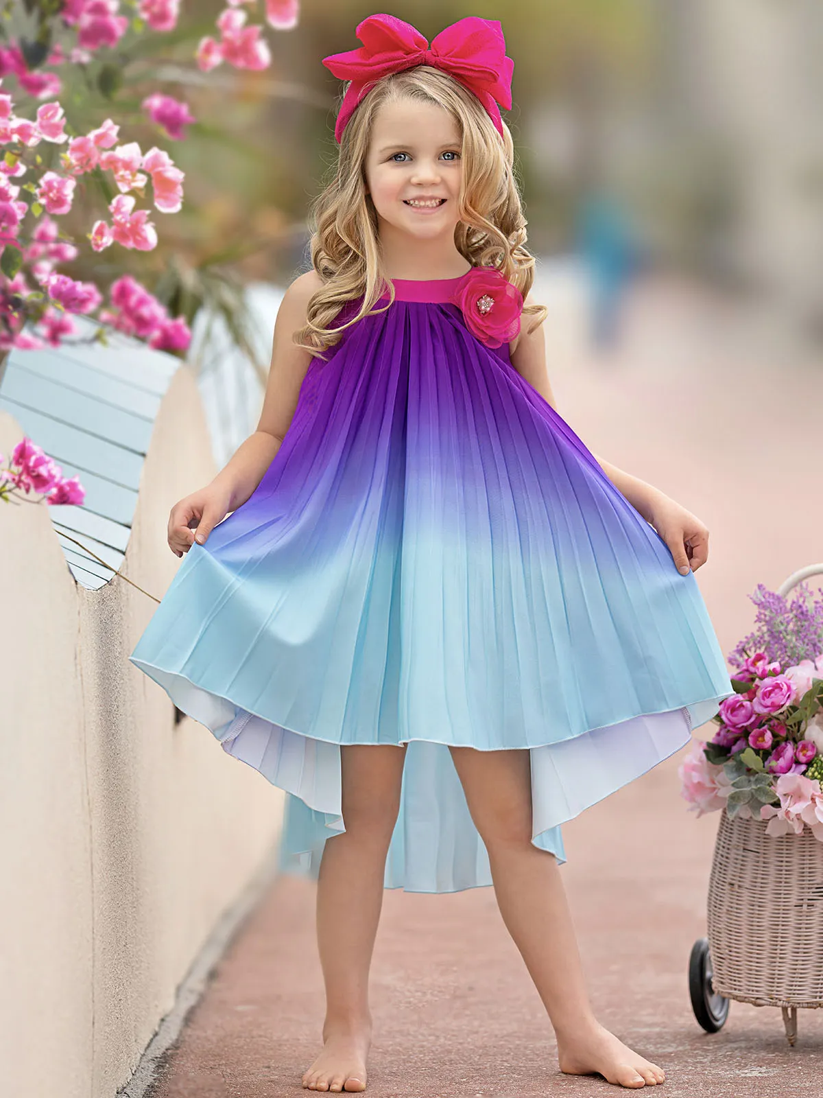 Ocean Sunset Ombre Pleated Hi-Lo Dress