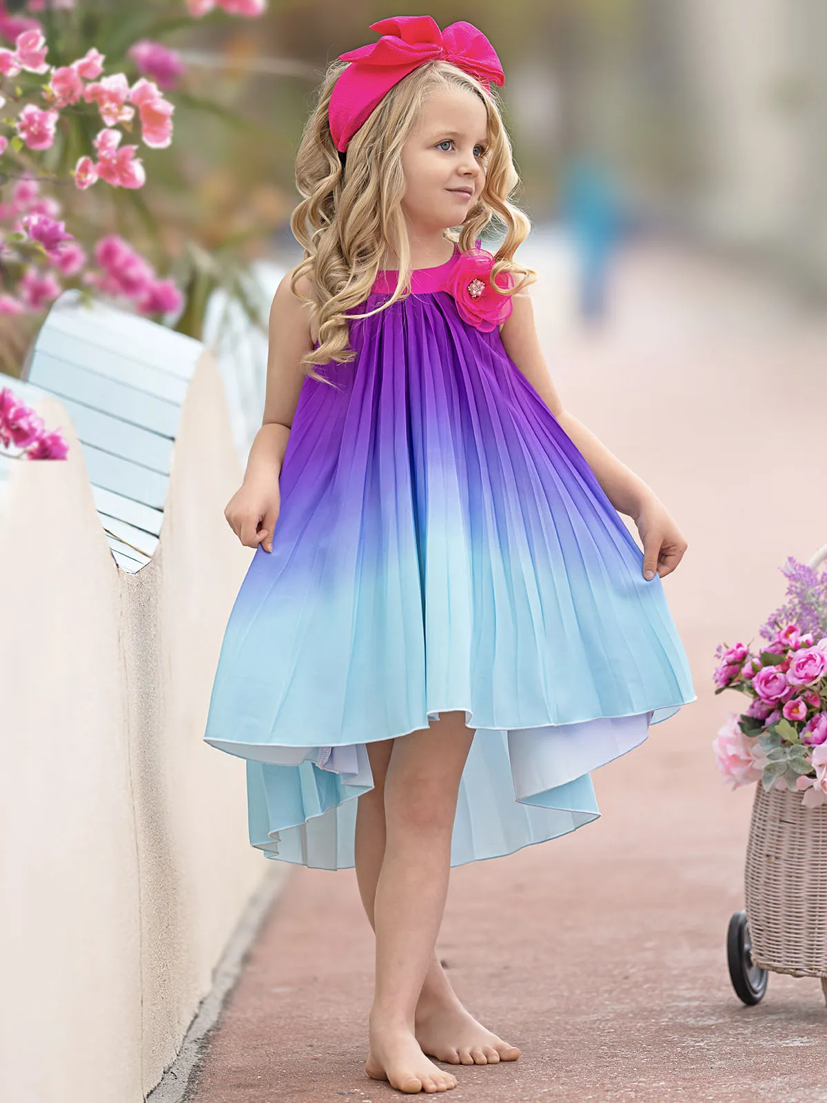 Ocean Sunset Ombre Pleated Hi-Lo Dress