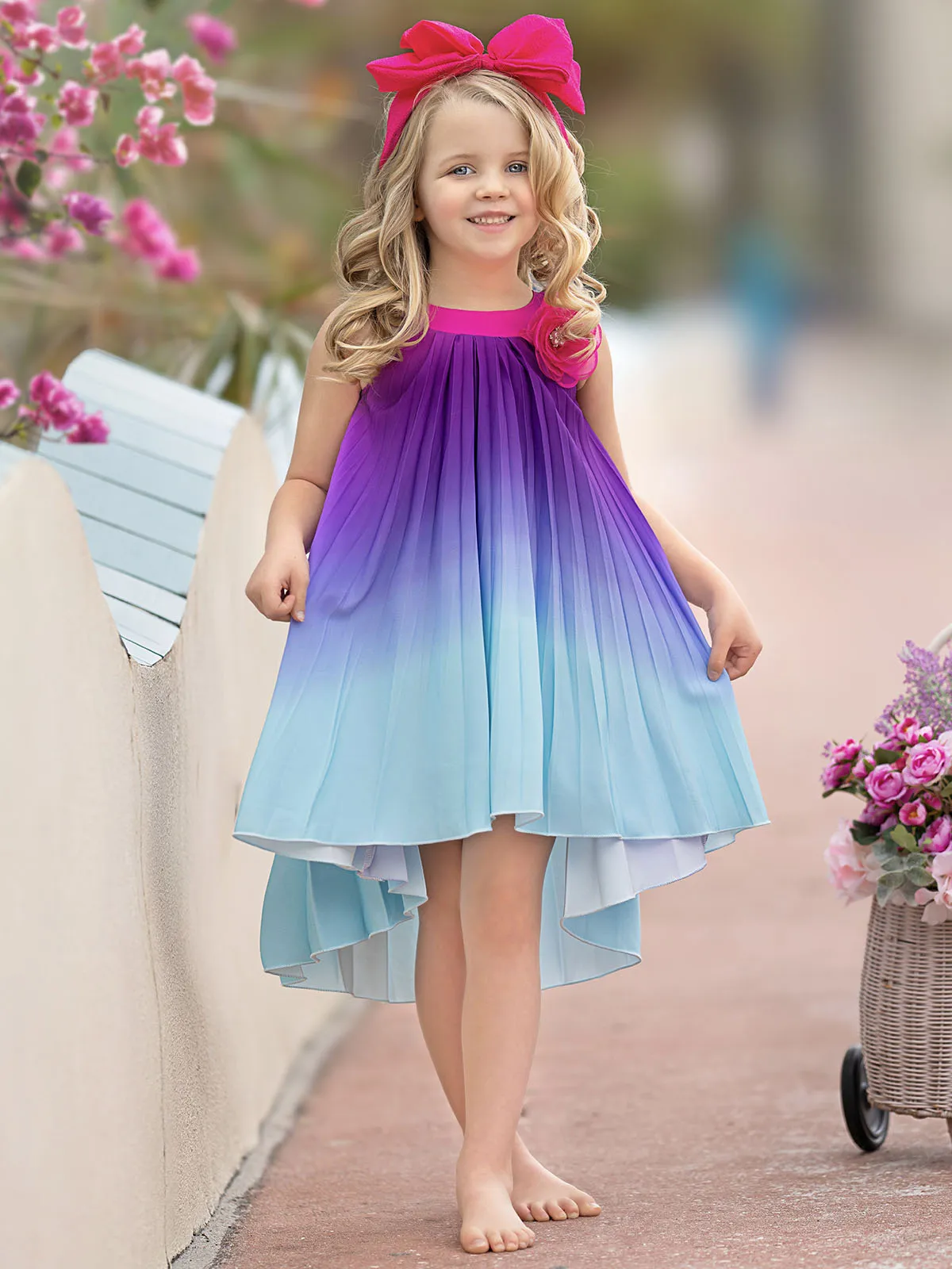 Ocean Sunset Ombre Pleated Hi-Lo Dress