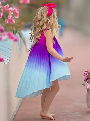 Ocean Sunset Ombre Pleated Hi-Lo Dress