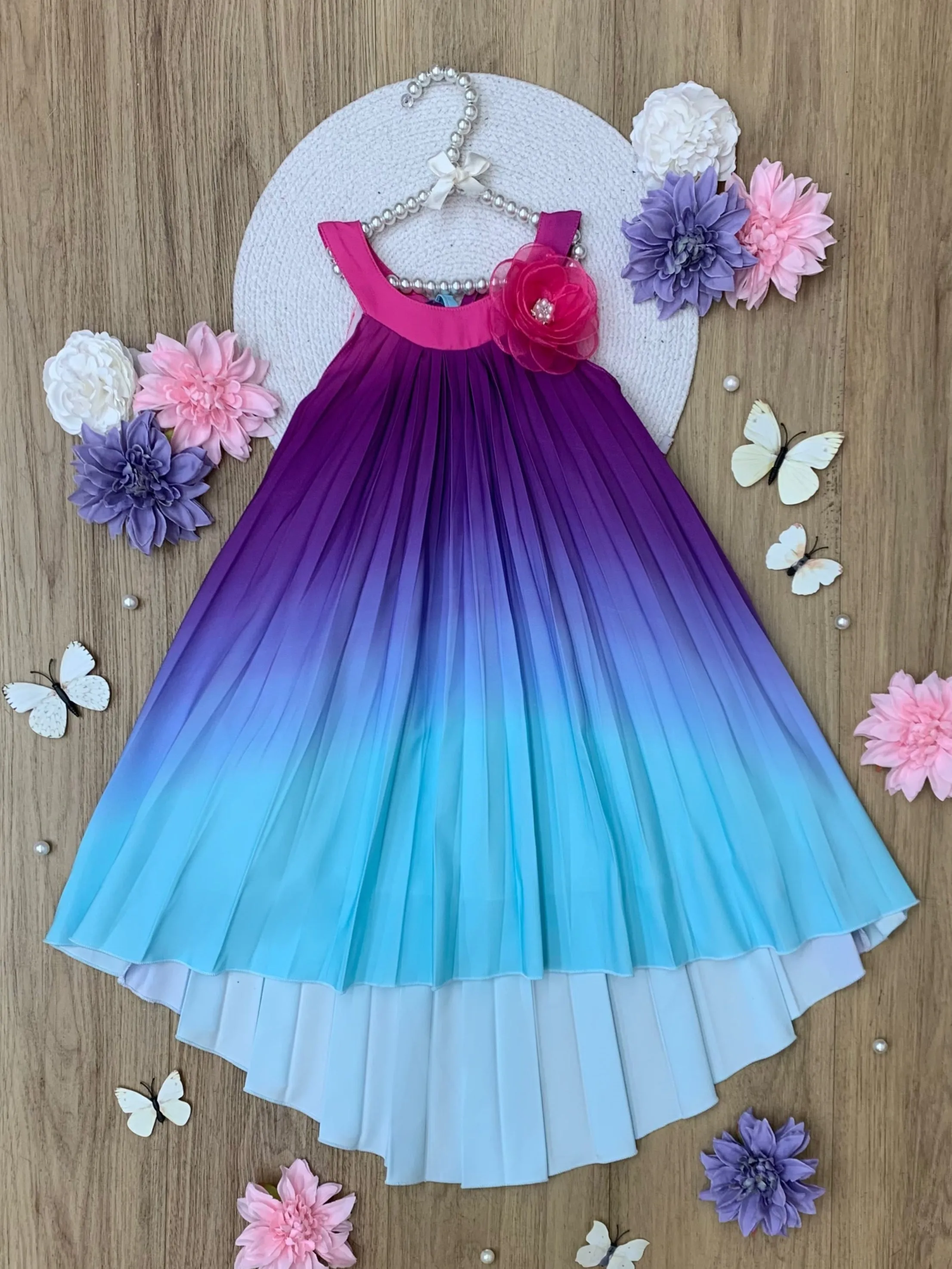 Ocean Sunset Ombre Pleated Hi-Lo Dress