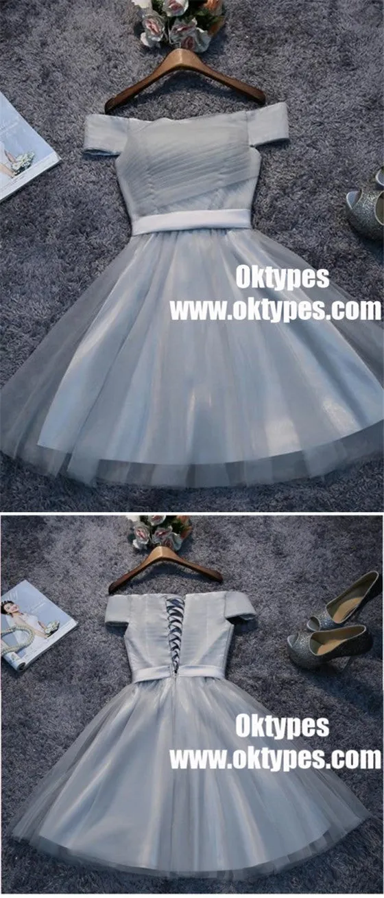 Off Shoulder Grey Tulle Short Cheap Homecoming Dresses 2018, TYP0885