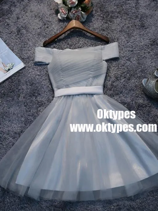 Off Shoulder Grey Tulle Short Cheap Homecoming Dresses 2018, TYP0885