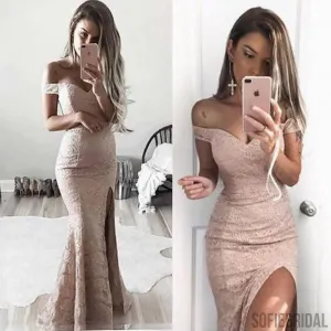 Off Shoulder Lace Mermaid Sexy Side Slit Prom Dresses, Long Prom Dresses, Evening Dresses, PD0326