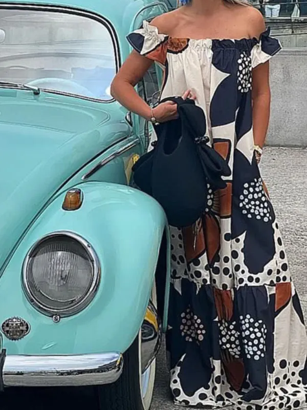 Off-Shoulder Maxi Dress with Floral Print and Polka Dot Accents
