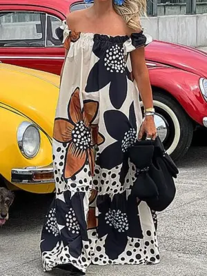 Off-Shoulder Maxi Dress with Floral Print and Polka Dot Accents