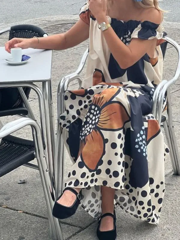 Off-Shoulder Maxi Dress with Floral Print and Polka Dot Accents
