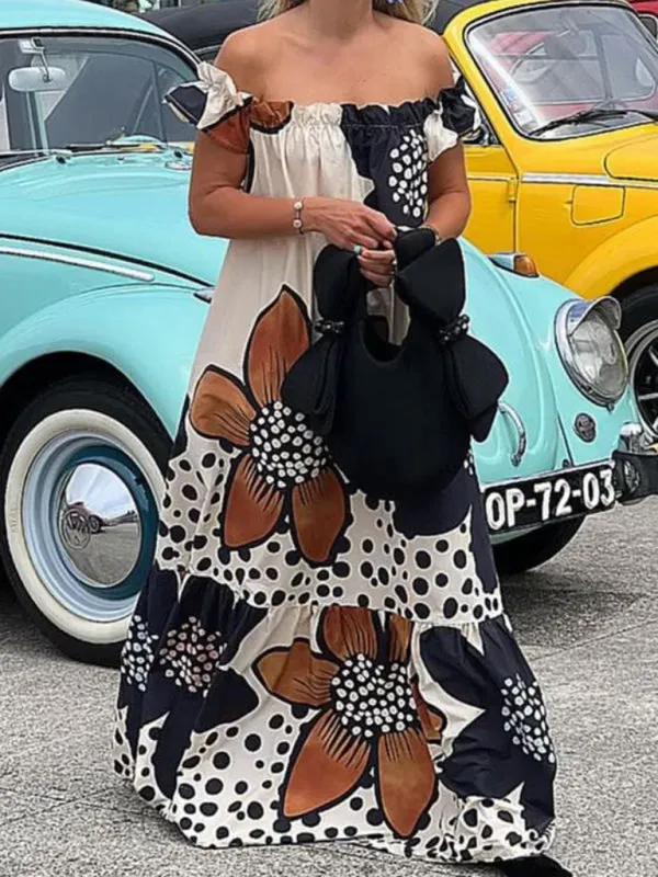 Off-Shoulder Maxi Dress with Floral Print and Polka Dot Accents