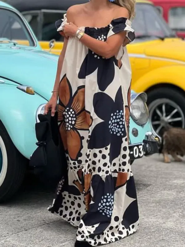Off-Shoulder Maxi Dress with Floral Print and Polka Dot Accents