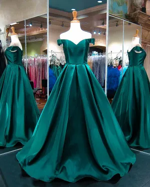 Off The Shoulder Dark Green Satin Prom Dresses V-Neck A-line Pageant Dress Long Prom Gowns Evening Dress