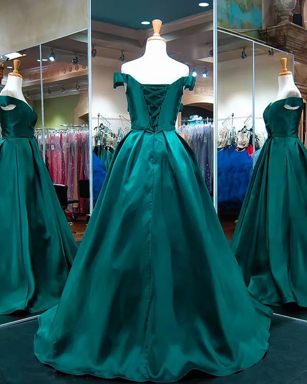 Off The Shoulder Dark Green Satin Prom Dresses V-Neck A-line Pageant Dress Long Prom Gowns Evening Dress