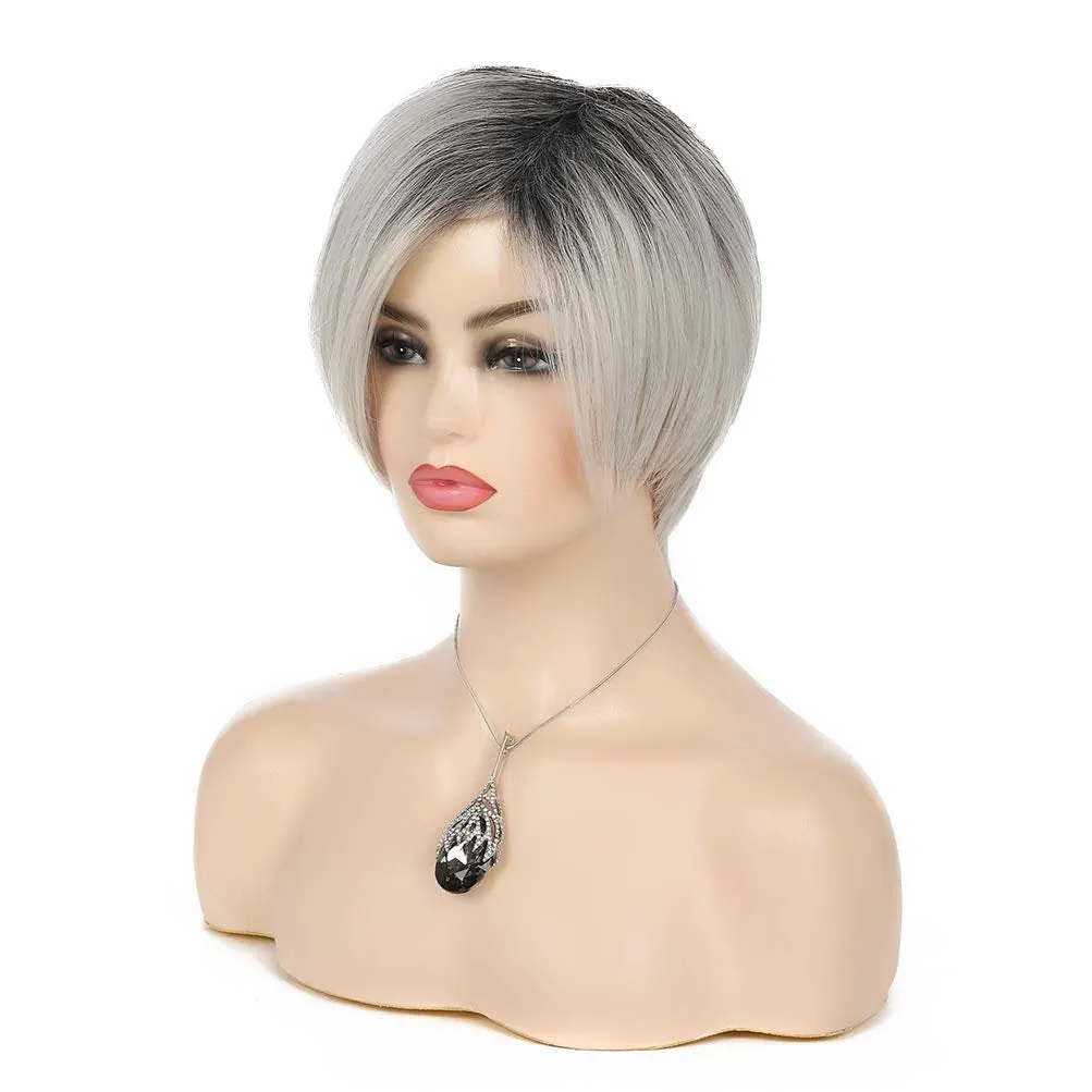 Ombre Black to Ash Blonde Gray Mix Bob Pixie Cut Straight