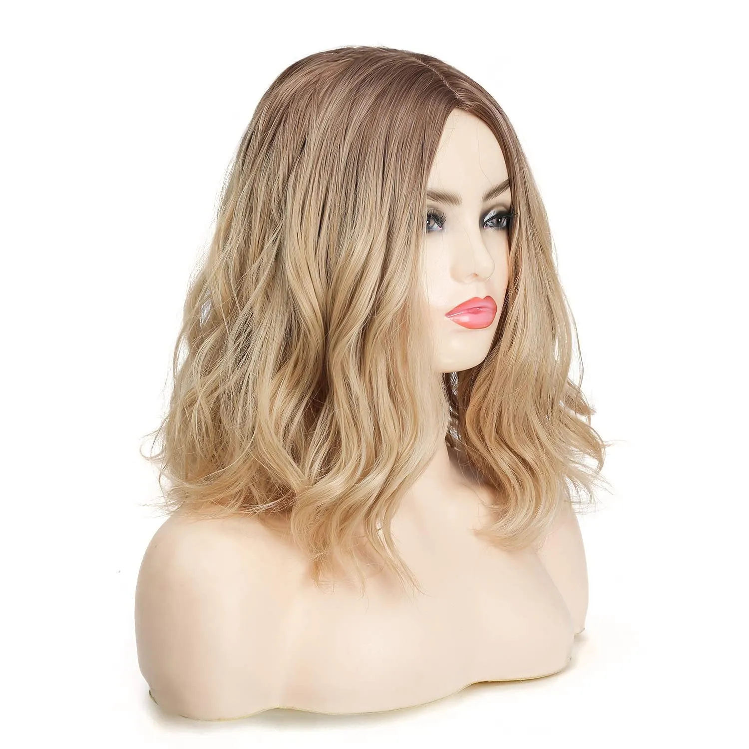 Ombre Light Brown to Golden Blonde 14" Natural Wavy Flowing Synthetic Heat Resistant Full Wig with Curtain Bangs Effect Free Shipping