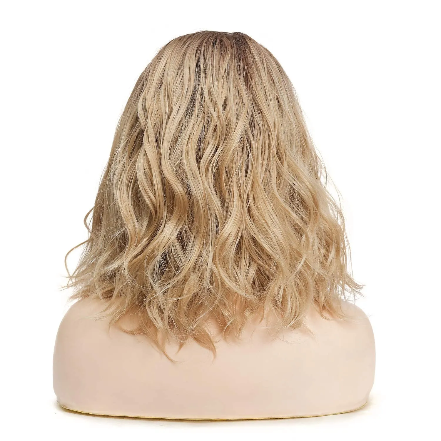 Ombre Light Brown to Golden Blonde 14" Natural Wavy Flowing Synthetic Heat Resistant Full Wig with Curtain Bangs Effect Free Shipping