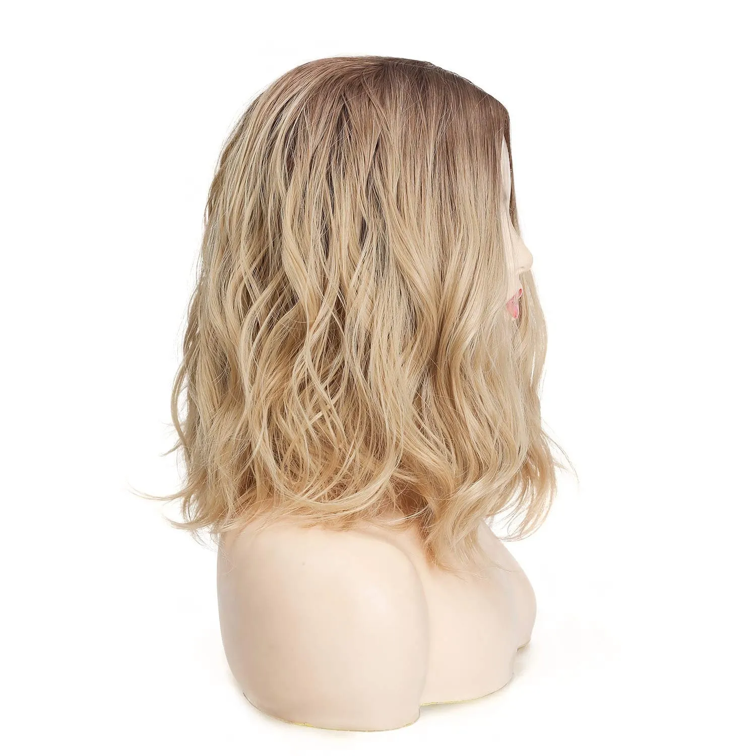 Ombre Light Brown to Golden Blonde 14" Natural Wavy Flowing Synthetic Heat Resistant Full Wig with Curtain Bangs Effect Free Shipping