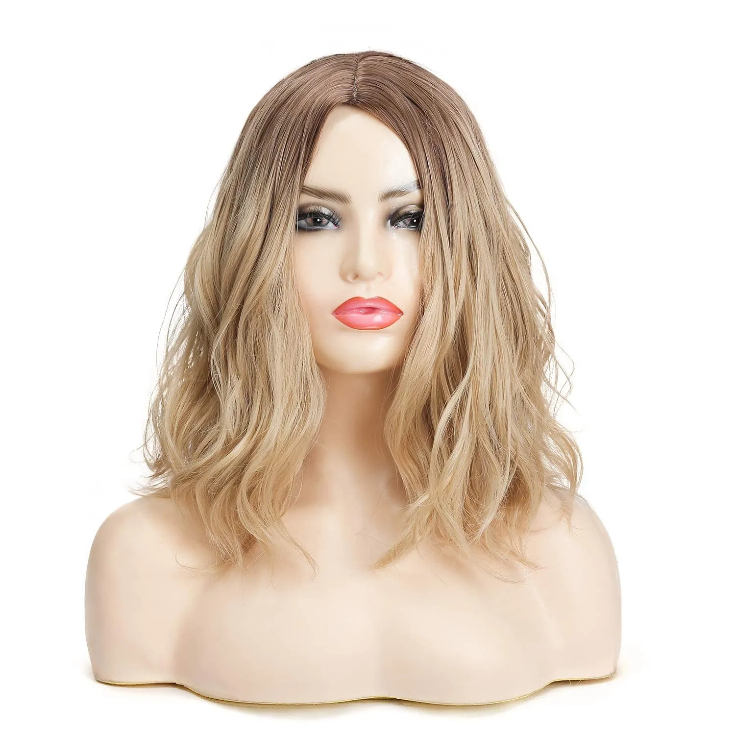 Ombre Light Brown to Golden Blonde 14" Natural Wavy Flowing Synthetic Heat Resistant Full Wig with Curtain Bangs Effect Free Shipping
