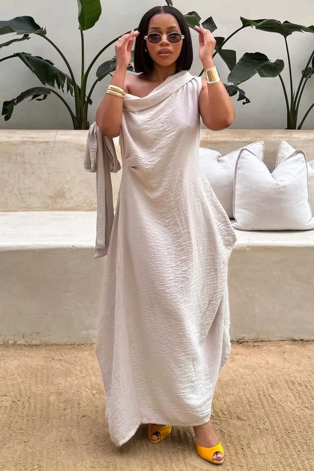 One Shoulder Bandeau Sash Loose-Fit Solid Maxi Dresses-Beige [Pre Order]