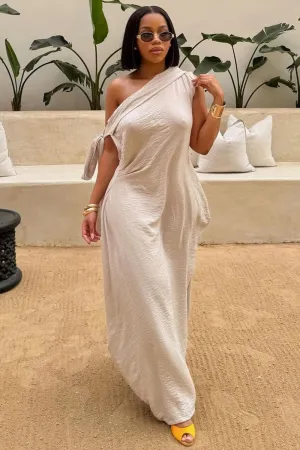 One Shoulder Bandeau Sash Loose-Fit Solid Maxi Dresses-Beige [Pre Order]