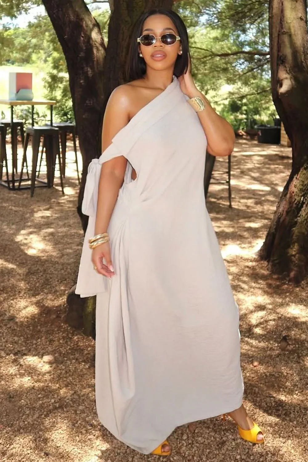 One Shoulder Bandeau Sash Loose-Fit Solid Maxi Dresses-Beige [Pre Order]