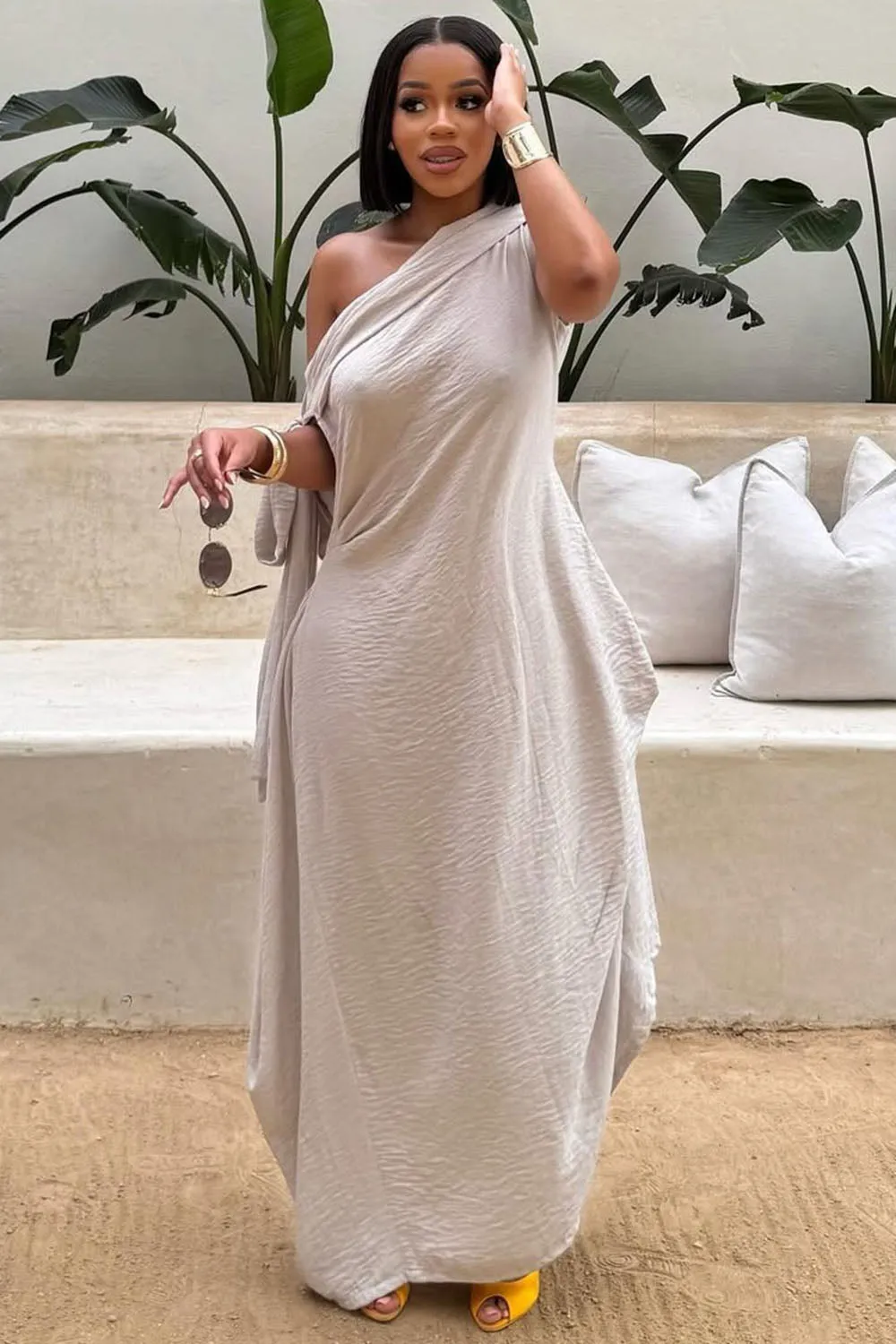 One Shoulder Bandeau Sash Loose-Fit Solid Maxi Dresses-Beige [Pre Order]