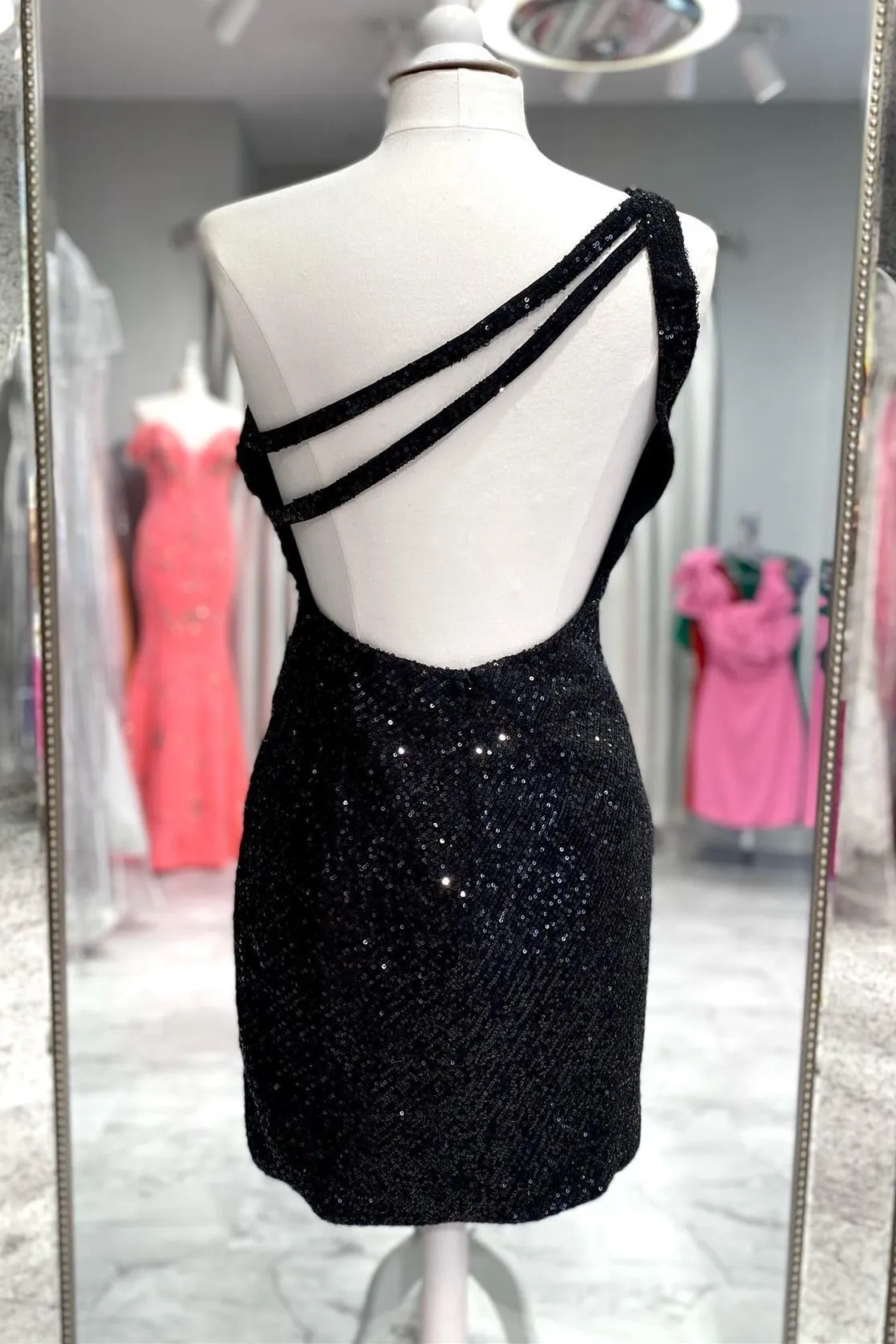 One Shoulder Black Sequin Bodycon Short Dress