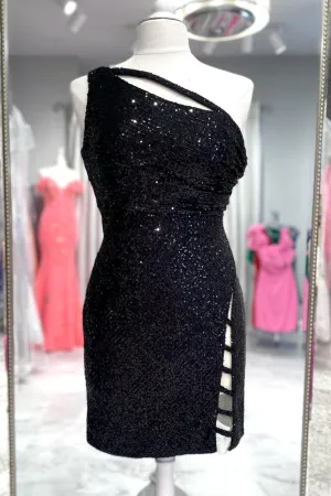 One Shoulder Black Sequin Bodycon Short Dress