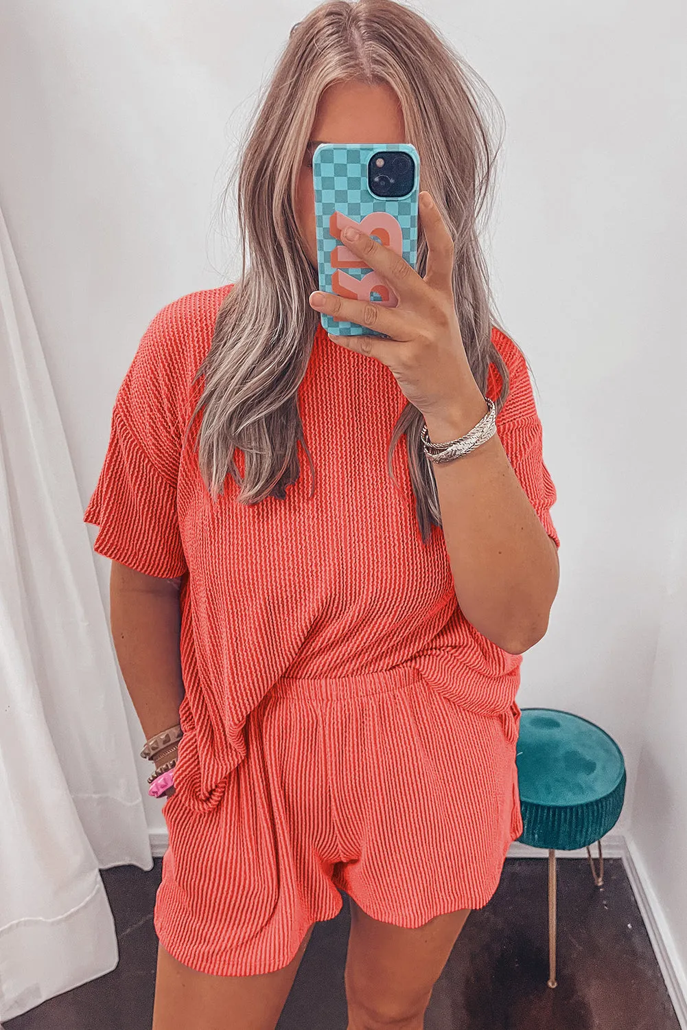 Orange Ribbed Textured Knit Loose Fit Tee and Shorts Set